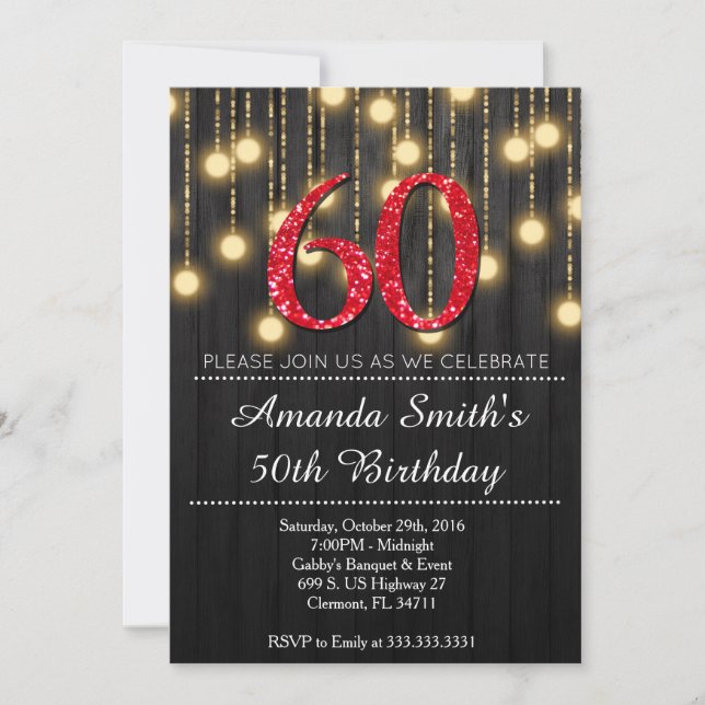 Elegant Red and Gold Womans 60th Birthday Party In Invitation (Front)