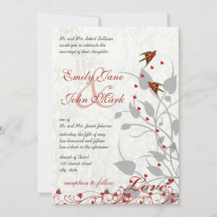 Elegant Red and Gray Hearts Lovebird Wedding Invitation