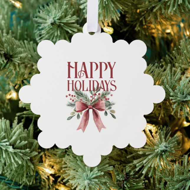 Elegant Red and Green Bow Holly Happy Holidays Ornament Card (Insitu (Tree))