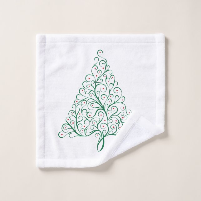 Elegant Red and Green Calligraphy Christmas Tree Bath Towel Set (Wash Cloth)