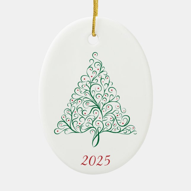Elegant Red and Green Calligraphy Christmas Tree Ceramic Ornament (Front)