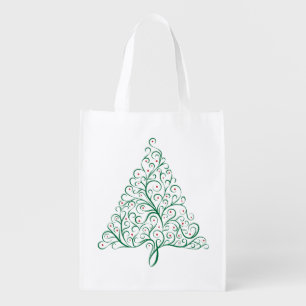 Elegant Red and Green Calligraphy Christmas Tree Grocery Bag