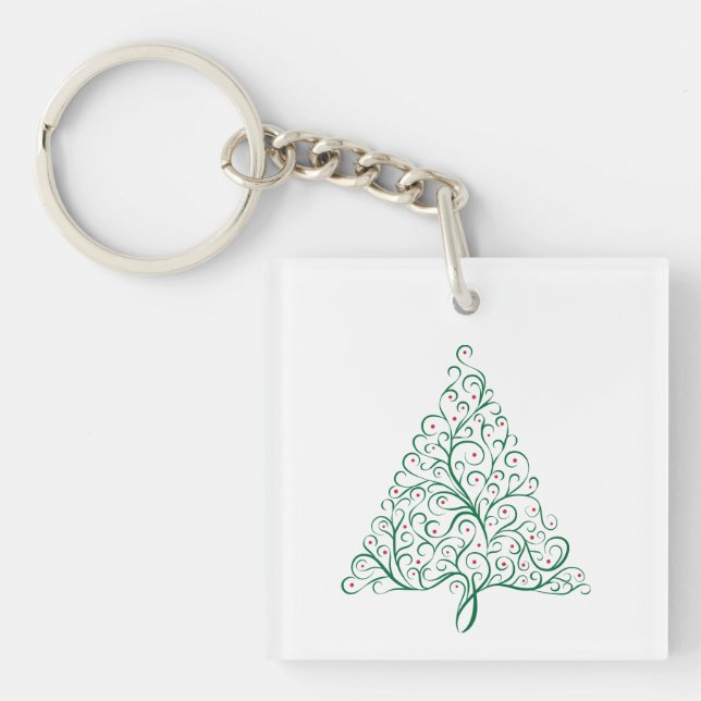 Elegant Red and Green Calligraphy Christmas Tree Keychain (Front)