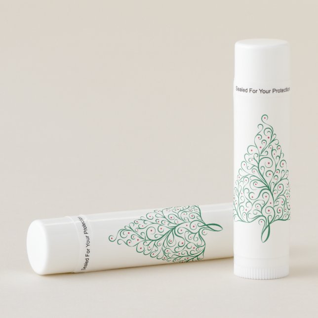 Elegant Red and Green Calligraphy Christmas Tree Lip Balm (Front)