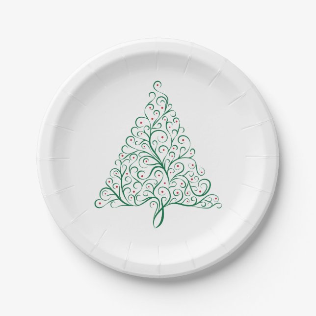 Elegant Red and Green Calligraphy Christmas Tree Paper Plates (Front)