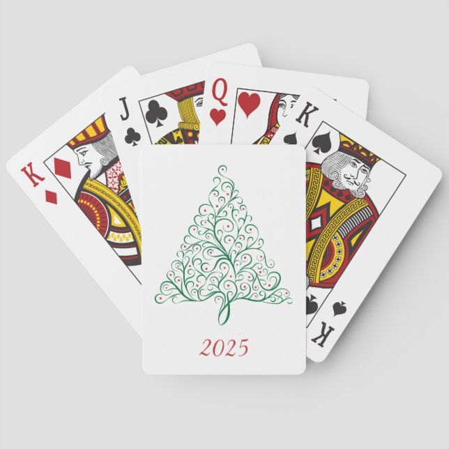 Elegant Red and Green Calligraphy Christmas Tree Poker Cards (Back)