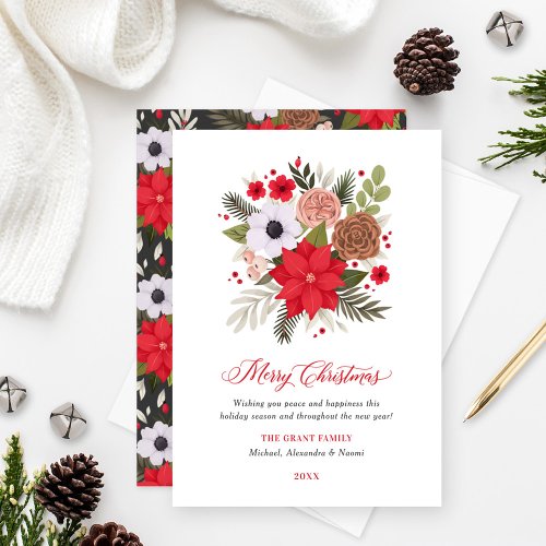 Elegant Red and Green Floral Christmas Greenery Holiday Card