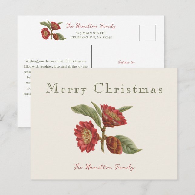 Elegant Red and Green Floral Christmas Holiday Postcard (Front/Back)