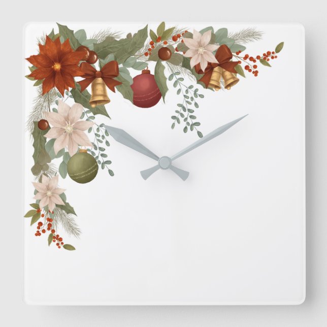 Elegant Red and green Floral Christmas Square Wall Clock (Front)