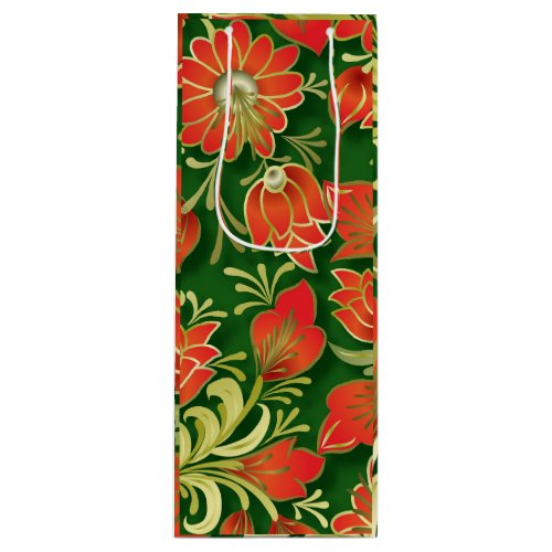 Elegant Red and Green Floral Paper Wine Gift Bag