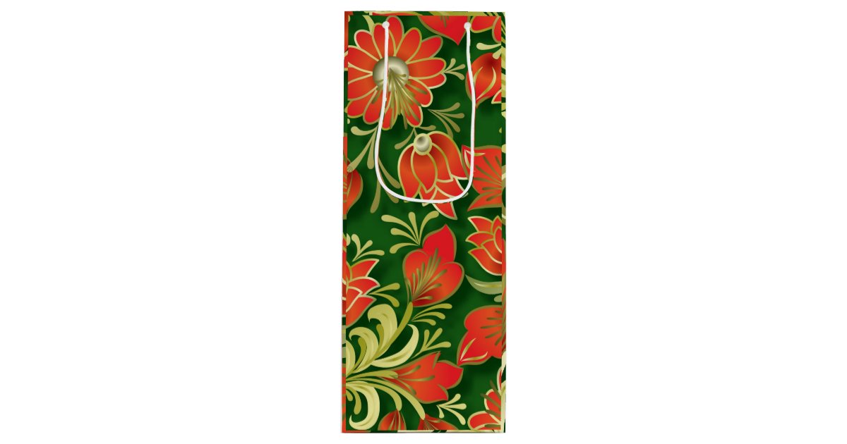 Elegant Red and Green Floral Paper Wine Gift Bag