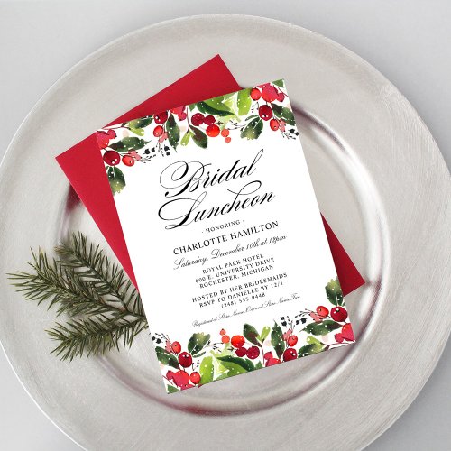 Elegant Red and Green Holiday Bridal Luncheon Invitation