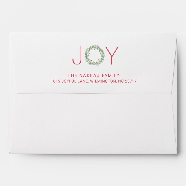Elegant Red and Green Joy Wreath Christmas Envelope (Back (Top Flap))