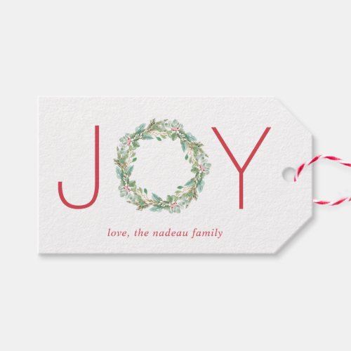 Elegant Red and Green Joy Wreath Christmas Gift Tags