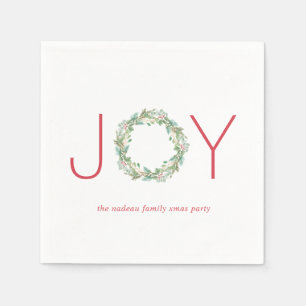 Elegant Red and Green Joy Wreath Christmas Party Napkins