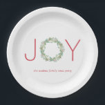 Elegant Red and Green Joy Wreath Christmas Party Paper Plates<br><div class="desc">Elegant holiday paper plate featuring "JOY" with the letters "J" and "Y" in a red sans serif font and a watercolor painted greenery wreath as the letter "O". Below is a template for your custom text. These paper plates are perfect for adding a personal touch to your Christmas party. Coordinating...</div>
