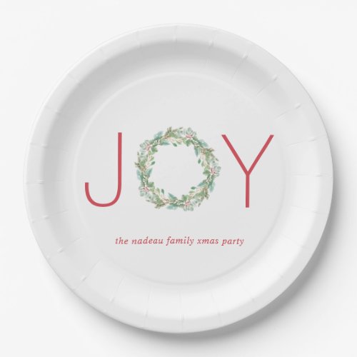 Elegant Red and Green Joy Wreath Christmas Party Paper Plates