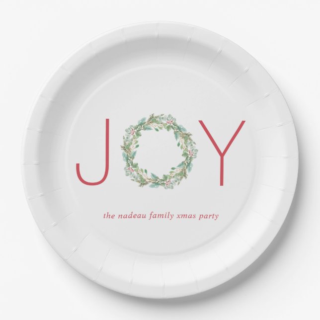Elegant Red and Green Joy Wreath Christmas Party Paper Plates (Front)