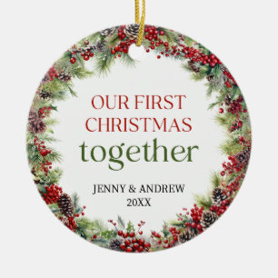 Elegant red and green Our First Christmas Ceramic Ornament