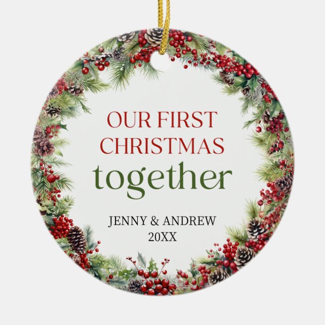 Elegant red and green Our First Christmas Ceramic Ornament (Front)