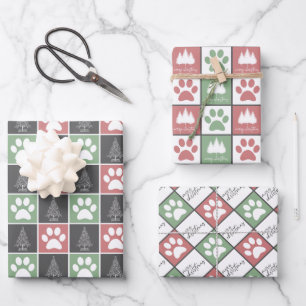 Elegant Red and Green Paw print Christmas pattern Wrapping Paper Sheets