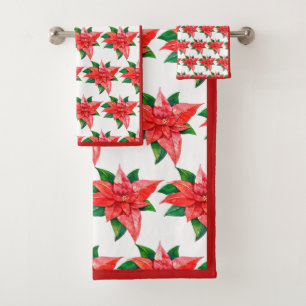 Elegant Red and Green Poinsettia Floral Christmas Bath Towel Set