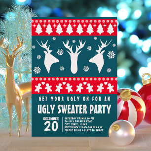 Elegant Red and Green Reindeer Ugly Sweater Party Invitation