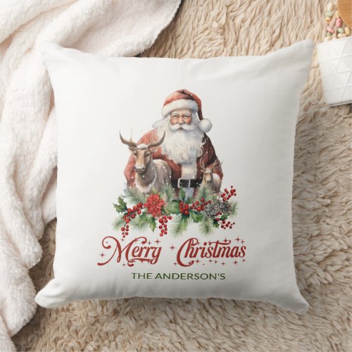 Elegant red and green Santa Claus with reindeer Throw Pillow