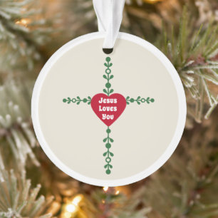Elegant Red and Green Wreath Cross Merry Christmas Ornament