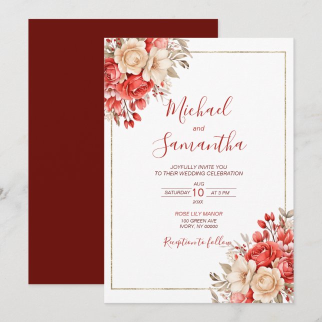Elegant Red and Ivory Rose Wedding Invitation (Front/Back)