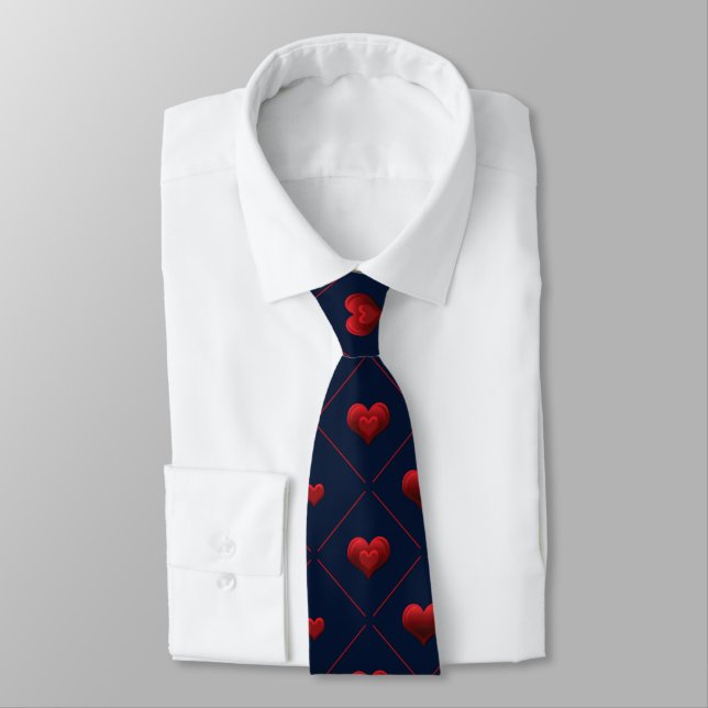 Elegant Red and Navy Hearts on Hearts Graphic Neck Tie (Tied)