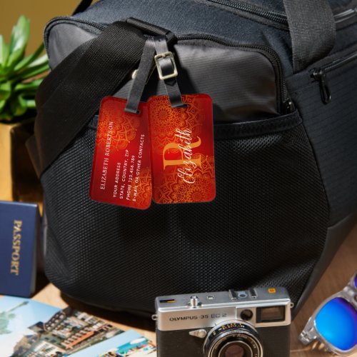 Elegant Red and Orange Mandala Monogrammed Luggage Tag