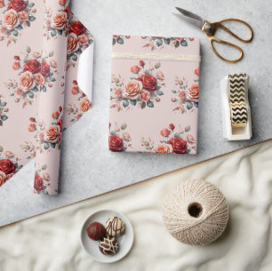 Elegant Red and Peach Blush Floral  Wrapping Paper