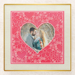 Elegant Red and Pink Floral Hearts Valentine's Day Glass Coaster