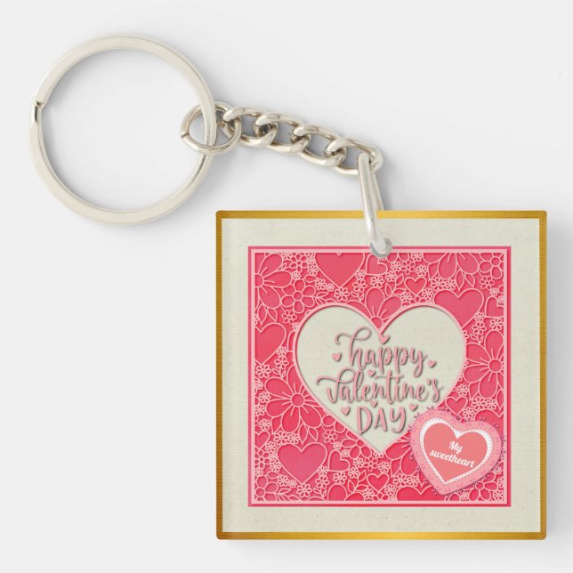 Elegant Red and Pink Floral Hearts Valentine's Day Keychain (Front)