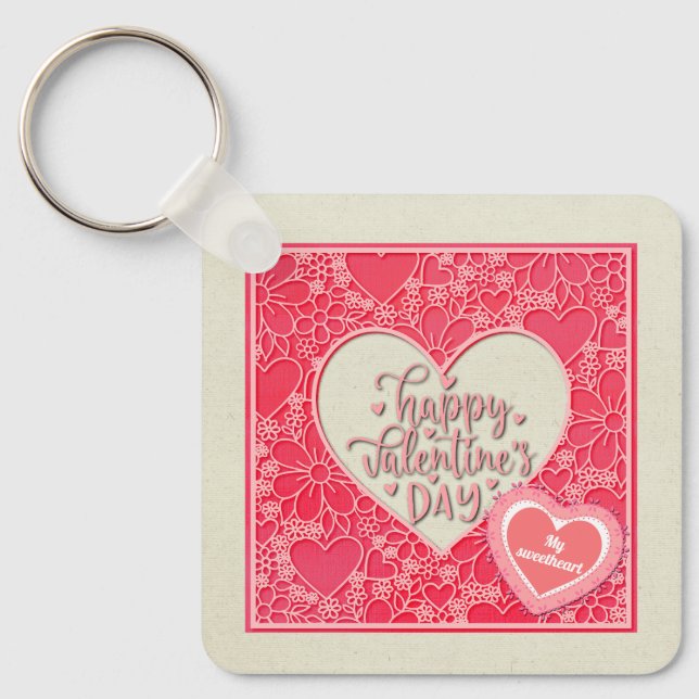 Elegant Red and Pink Floral Hearts Valentine's Day Keychain (Front)