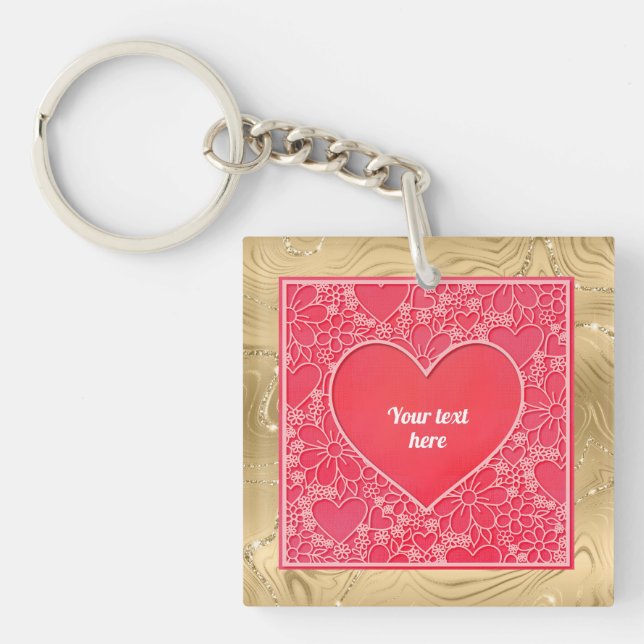 Elegant Red and Pink Floral Hearts Valentine's Day Keychain (Front)