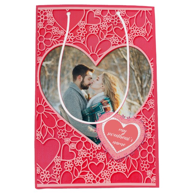 Elegant Red and Pink Floral Hearts Valentine's Day Medium Gift Bag (Front)