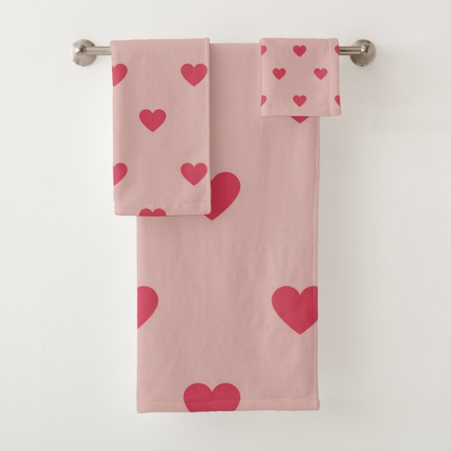 Elegant Red and Pink Heart Pattern Bath Towel Set (Insitu)