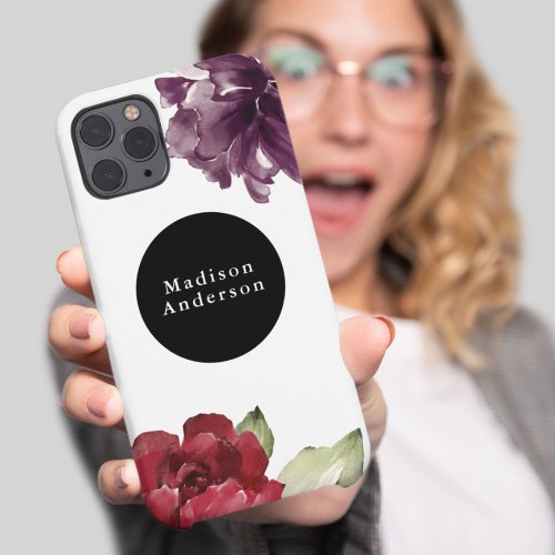 Elegant Red and Plum Watercolor Floral with Name iPhone 12 Pro Max Case