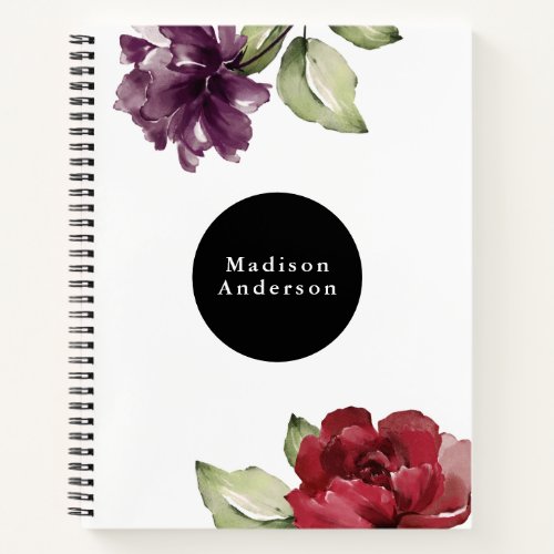 Elegant Red and Plum Watercolor Floral with Name Notebook