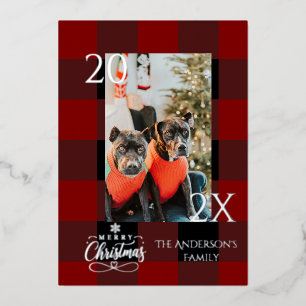 Elegant Red and silver Buffalo Plaid Christmas Foil Holiday Card