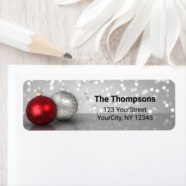 Elegant Red and Silver Christmas Ornaments Label (Insitu)