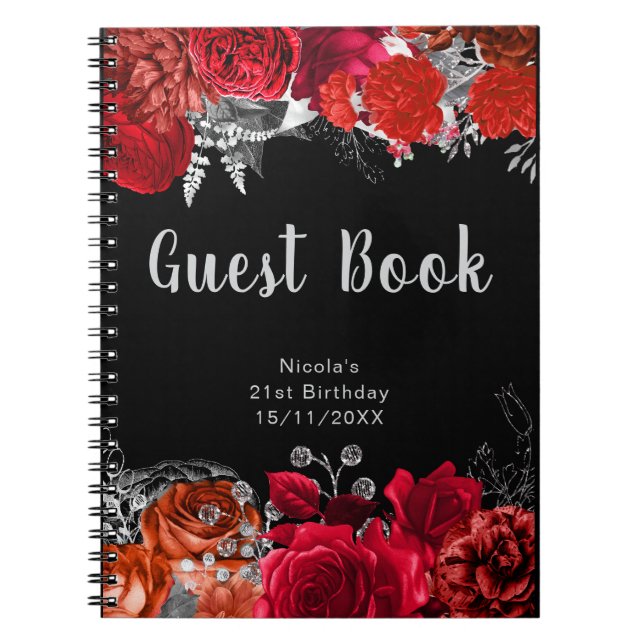 Elegant Red and Silver Flowers Birthday Guest Book (Front)