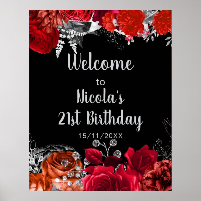 Elegant Red and Silver Flowers Birthday Part  Poster (Front)