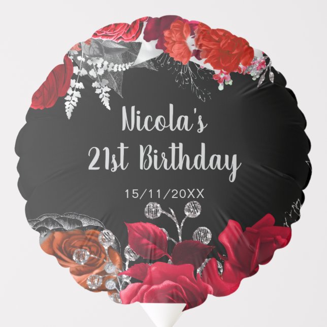 Elegant Red and Silver Flowers Birthday Party Balloon (Front)