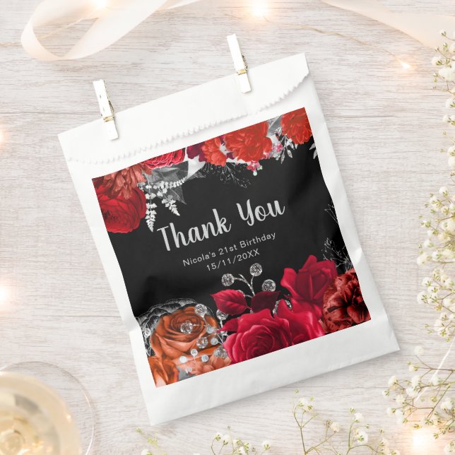 Elegant Red and Silver Flowers Birthday Party Favor Bag (Clipped)