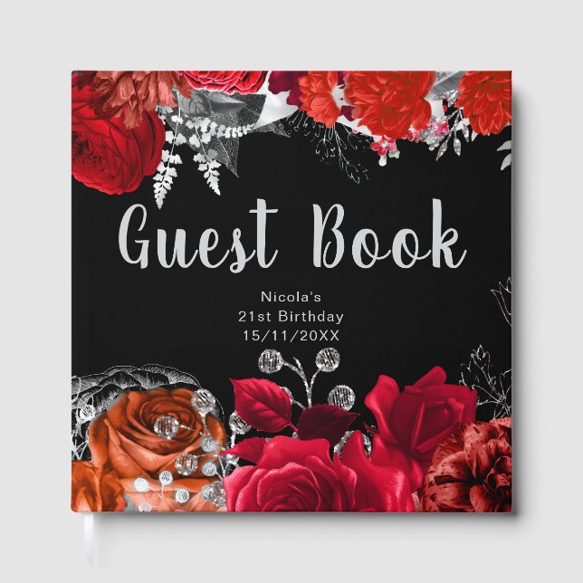 Elegant Red and Silver Flowers Birthday Party Guest Book (Front)