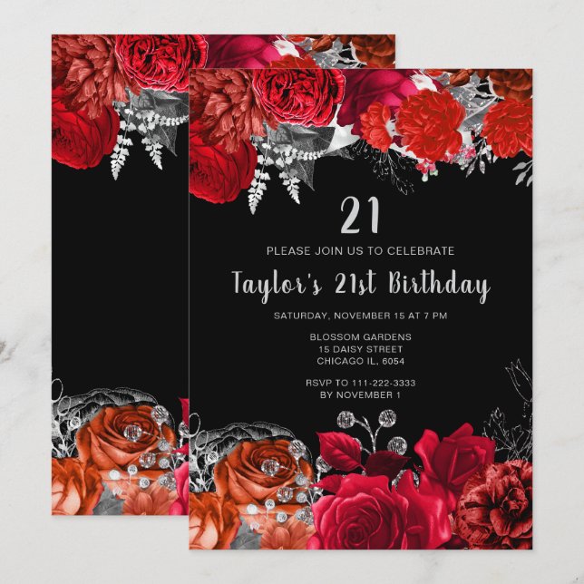 Elegant Red and Silver Flowers Birthday Party Invitation (Front/Back)