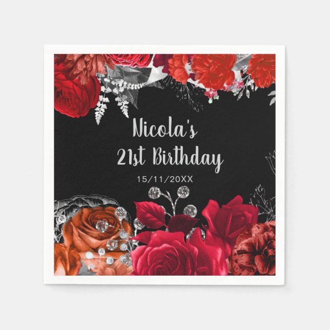Elegant Red and Silver Flowers Birthday Party Napkins (Front)